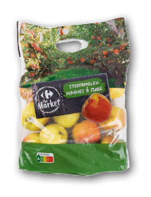 Sac plastique transparent contenant des pommes jaunes avec un logo Carrefour Market et les mots stoofappelen pommes  cuire.  Description g n r e par IA