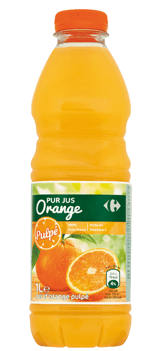 Bouteille en plastique d'un litre de jus d'orange pulpeux avec une tiquette verte et orange montrant une orange coup e.  Description g n r e par IA