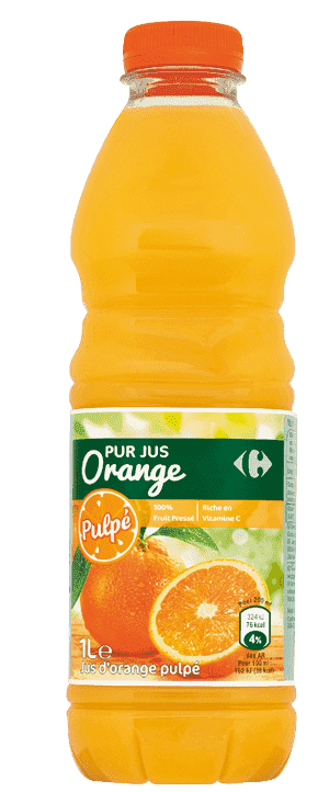 Bouteille en plastique d'un litre de jus d'orange pulpeux avec une tiquette verte et orange montrant une orange coup e.  Description g n r e par IA