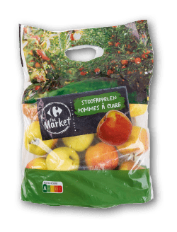 Sac plastique transparent contenant des pommes jaunes avec un logo Carrefour Market et les mots stoofappelen pommes  cuire.  Description g n r e par IA