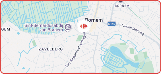 Carte montrant la r gion de Bornem avec des routes principales, des zones urbaines et un point d'int r t marqu par un logo Carrefour.  Description g n r e par IA
