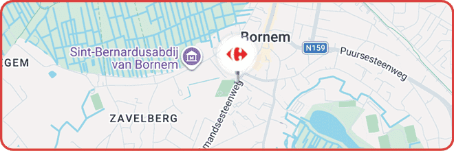 Carte montrant la r gion de Bornem avec des routes principales, des zones urbaines et un point d'int r t marqu par un logo Carrefour.  Description g n r e par IA