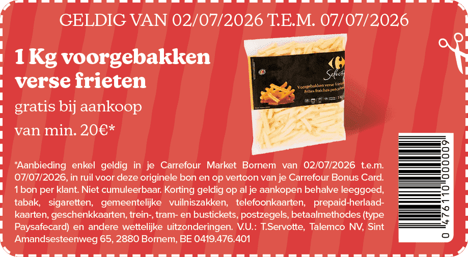 1 Kg voorgebakken verse frieten gratis bij aankoop van min. 20€*,GELDIG VAN 02/07/2026 T.E.M. 07/07/2026,*Aanbieding ...